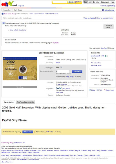 shoehorne22 eBay Listing Using our 2002 Gold Half Sovereign in Display Card photographs